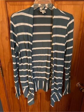 Striped Open Front Cardigan in Teal and White